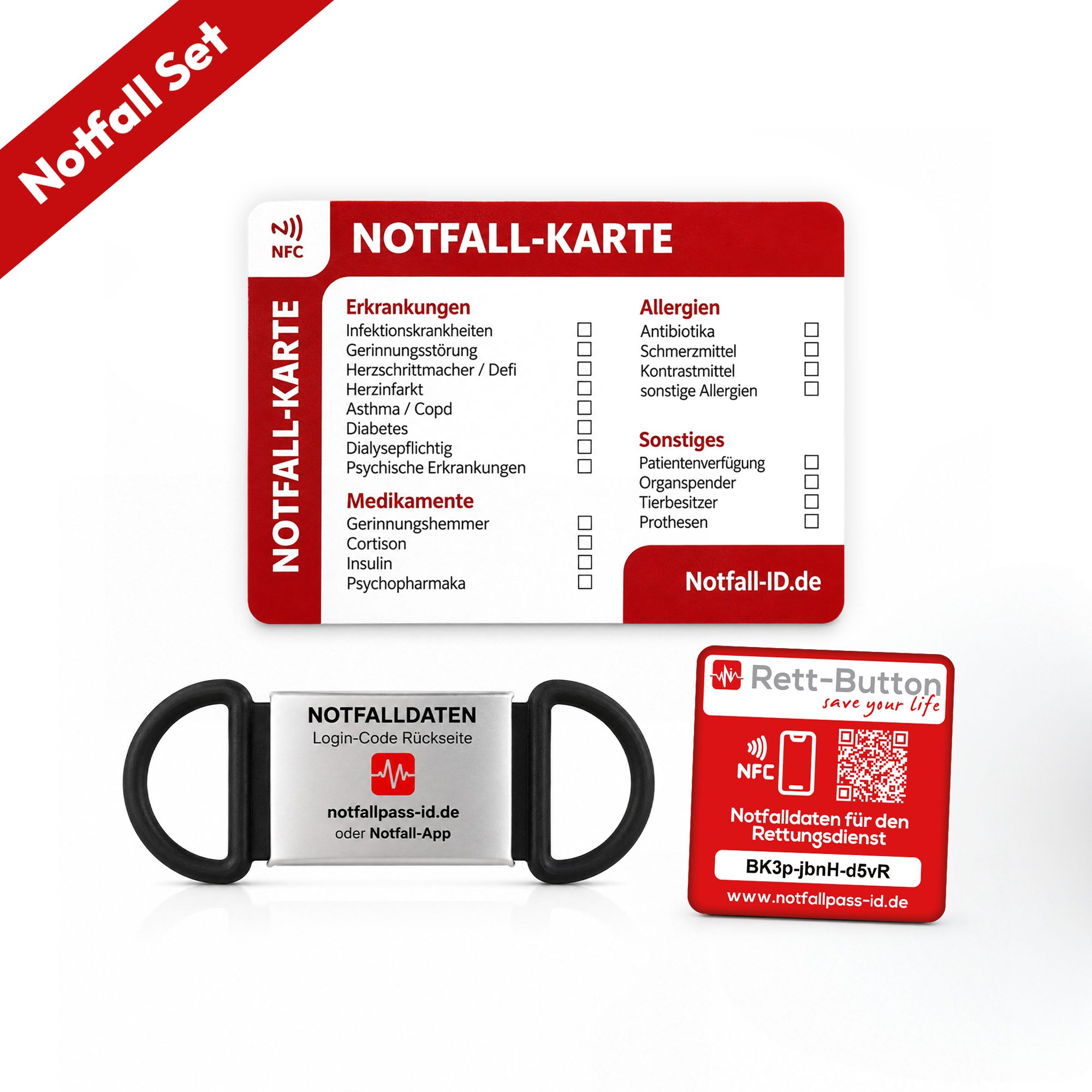 Notfall-ID Set – Rundum geschützt mit Karte, Armband Tag & Rett-Button
