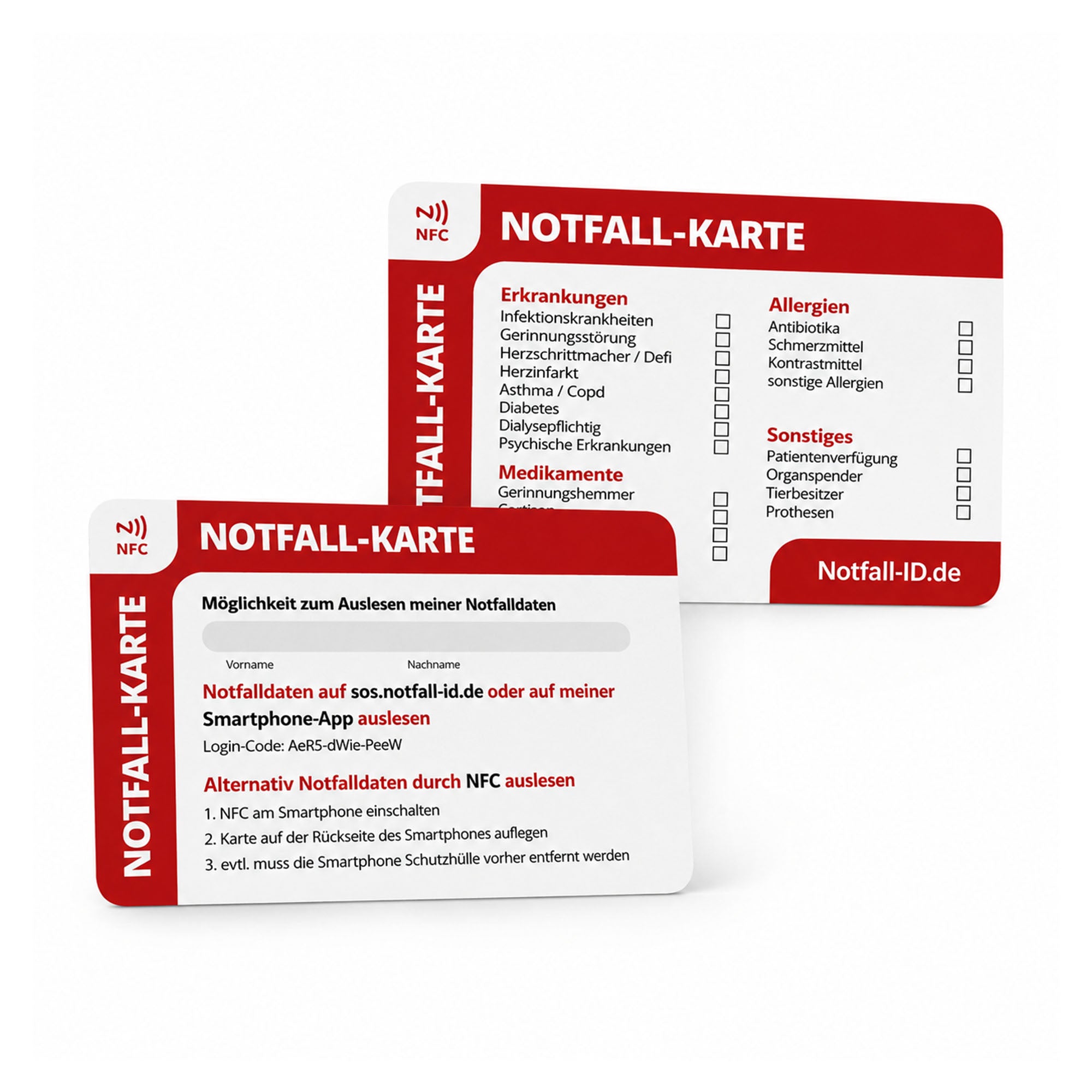 Notfall-ID Karte im Scheckkartenformat - NFC Notfallkarte für die Geldbörse
