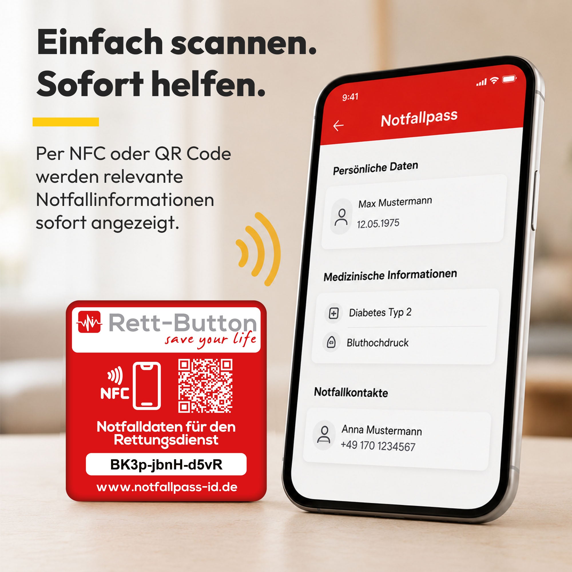 Notfall-ID Button - NFC Rett-Button mit QR-Code - Schneller Zugriff auf Notfalldaten