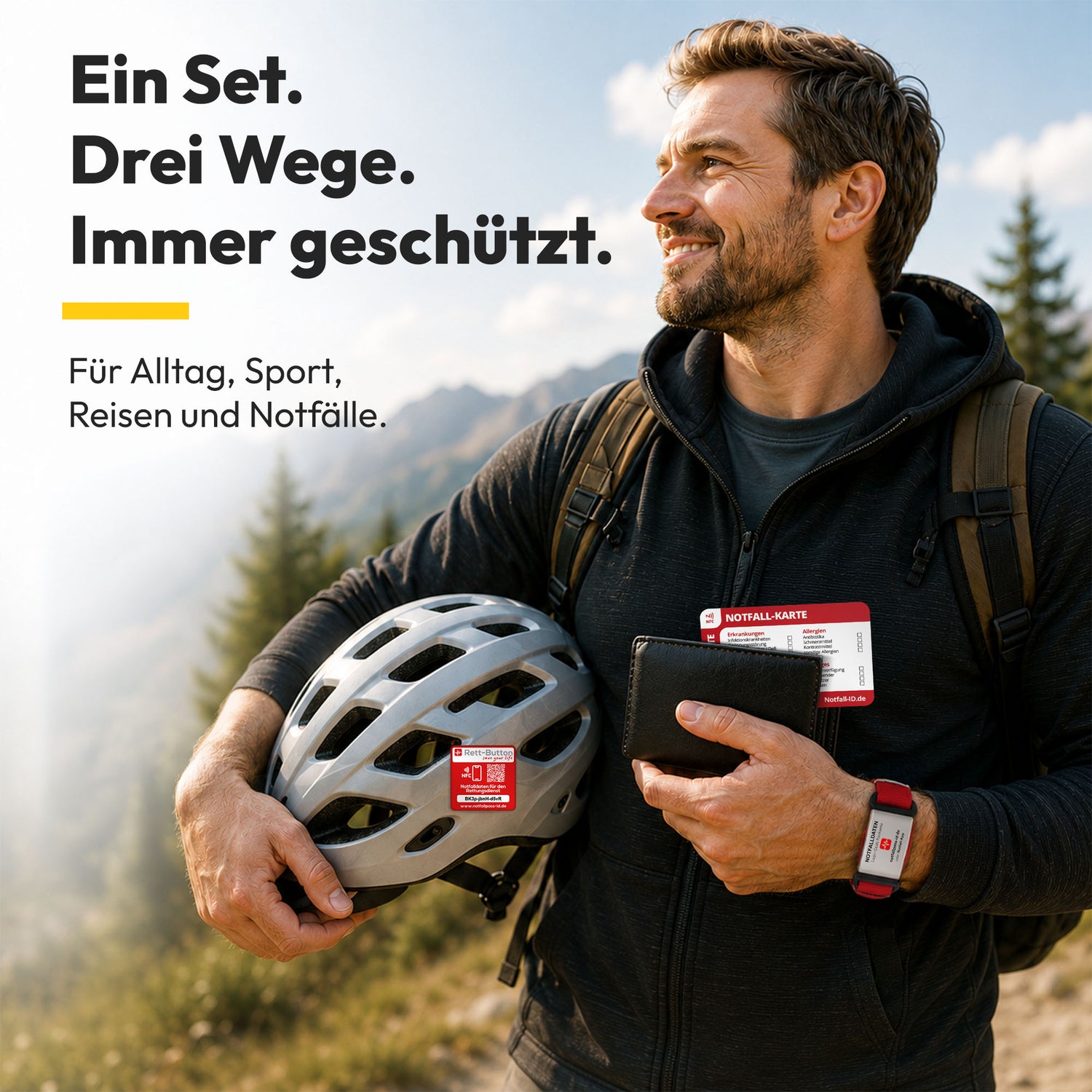 Notfall-ID Set – Rundum geschützt mit Karte, Armband Tag &amp; Rett-Button