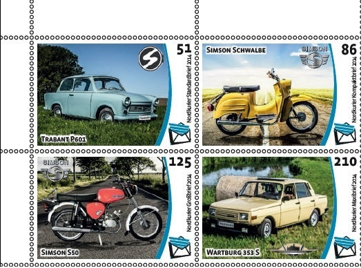 Briefmarkensatz mit 4 Einzelmarken - Fahrzeuge aus der DDR