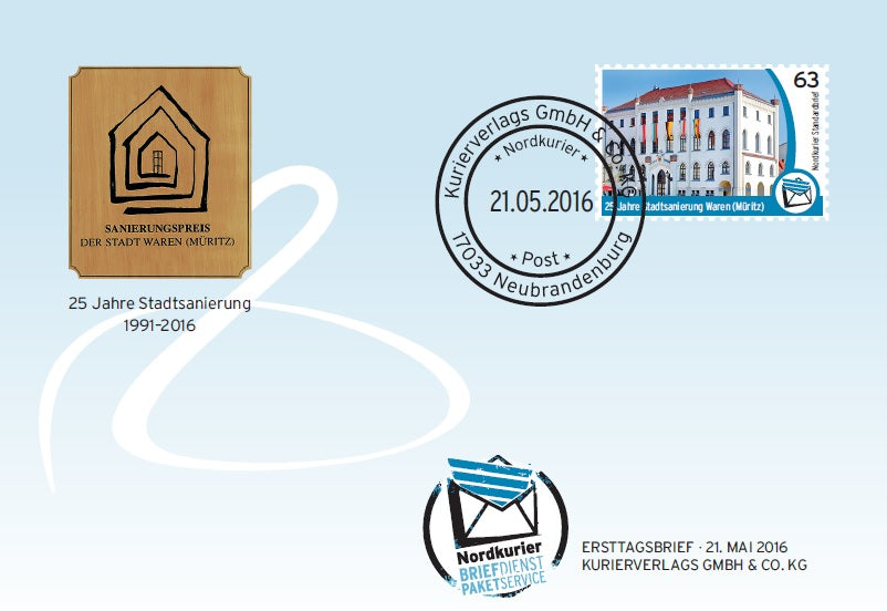Sonderbriefmarke - 25 Jahre Stadtsanierung Waren - Ersttagskarte