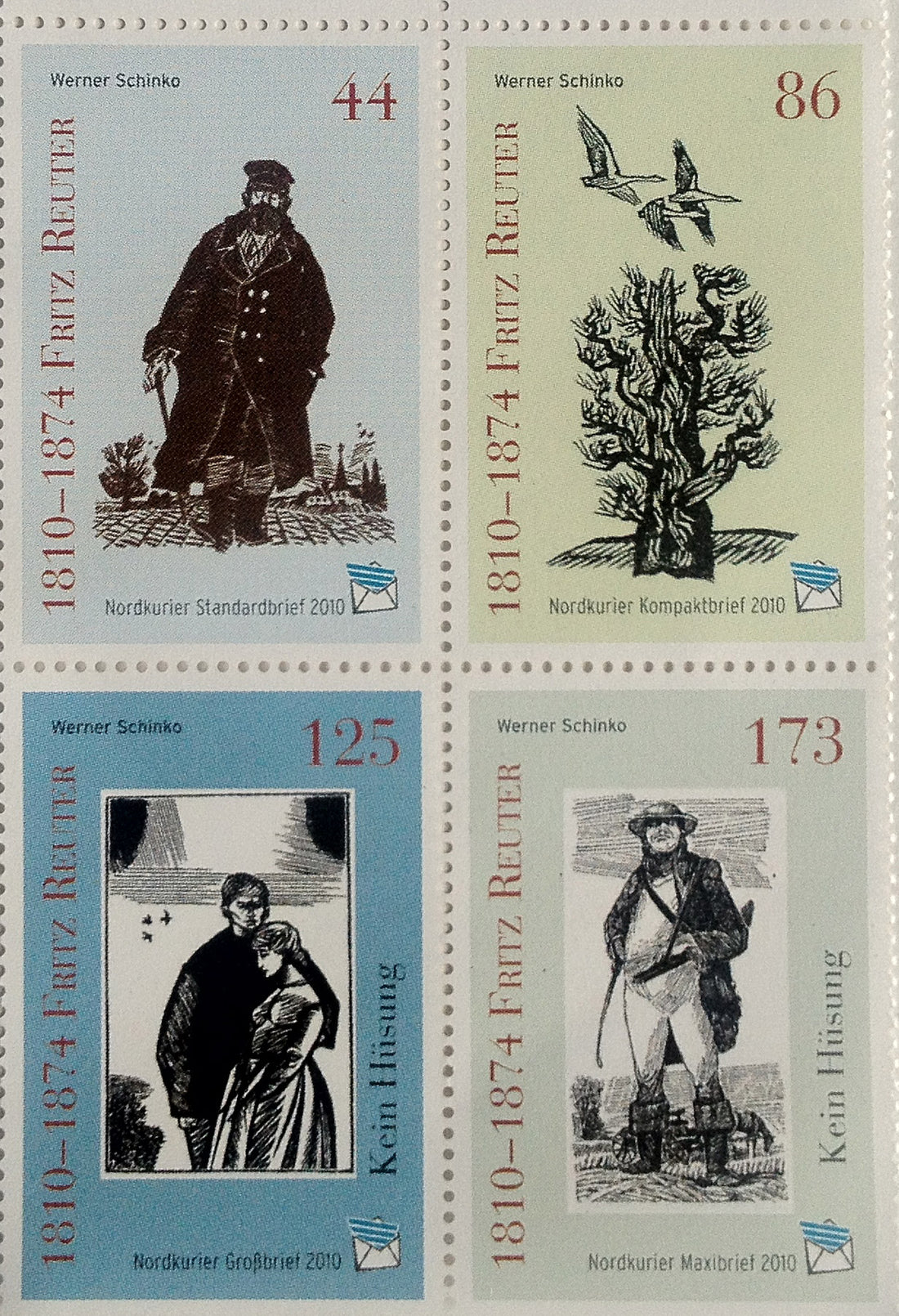 Briefmarkensatz mit 4 Einzelmarken - 200. Geburtstag Fritz Reuter