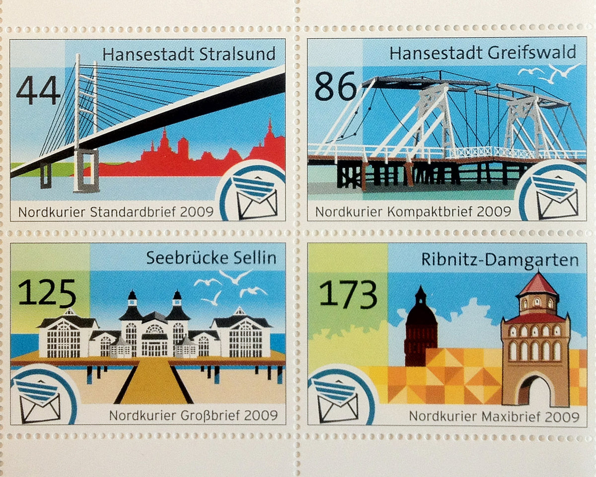 Briefmarkensatz mit 4 Einzelmarken - Sehenswürdigkeiten in Nordvorpommern