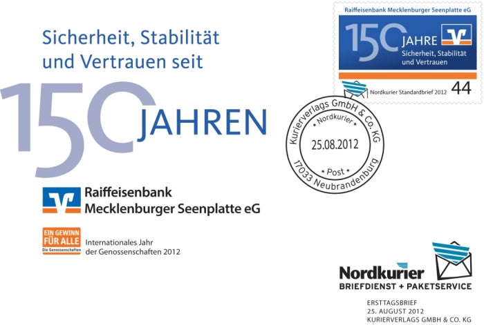 Sonderbriefmarke - 150 Jahre Raiffeisenbank Mecklenburgische Seenplatte - Ersttagskarte