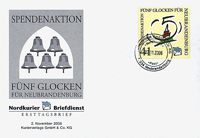 Sonderbriefmarke - 5 Glocken für Neubrandenburg - Ersttagskarte